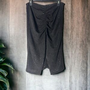 Zara Black Sparkly Ruched Front Stretch Pencil Skirt Front Split Size L